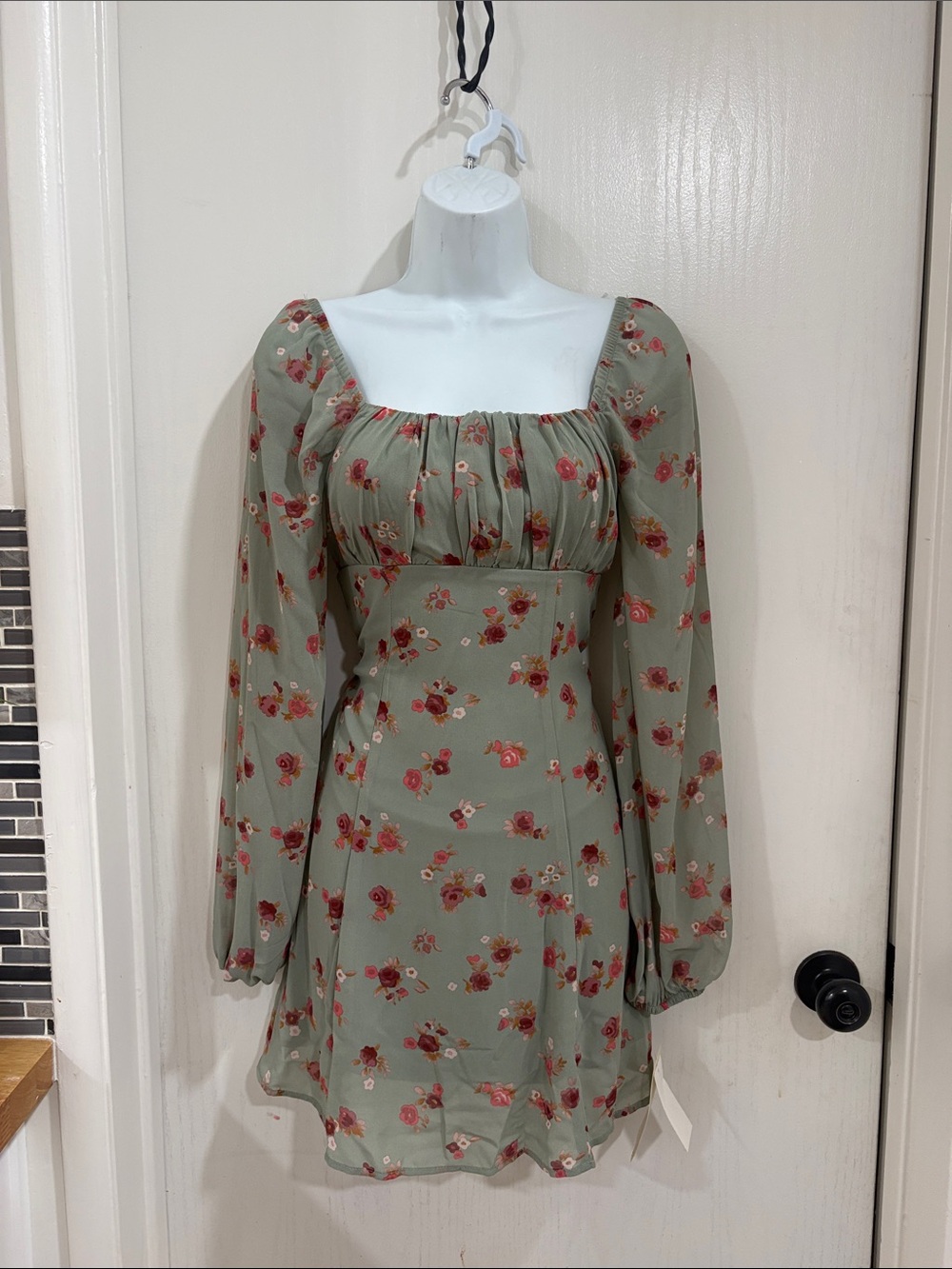 Square Neck Long-Sleeve Mini Dress in Sage Floral festival